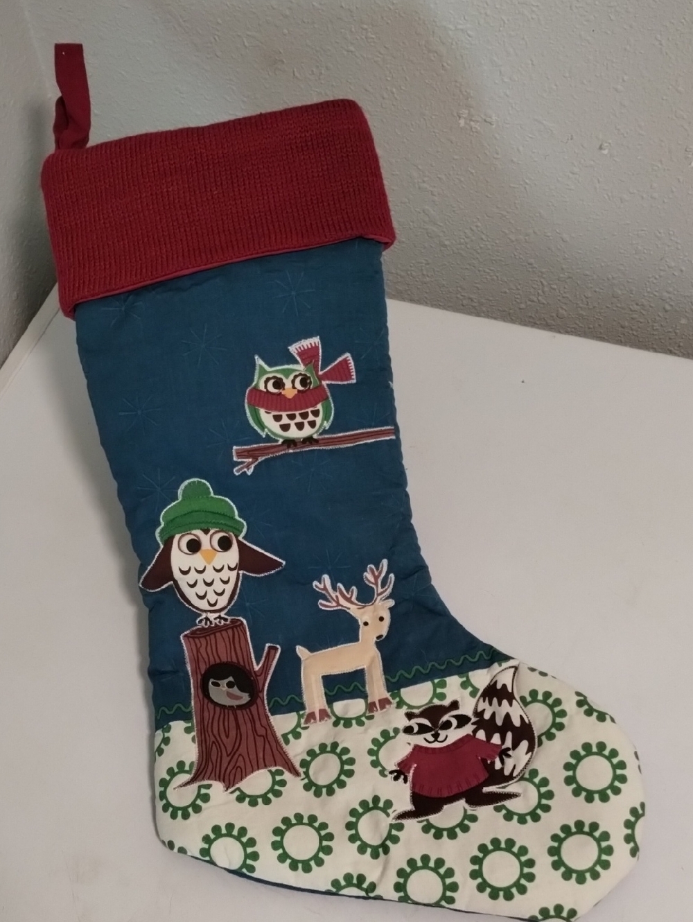 Source Unknown Blue and Red Holiday Stocking with Forest Animal Appliqués